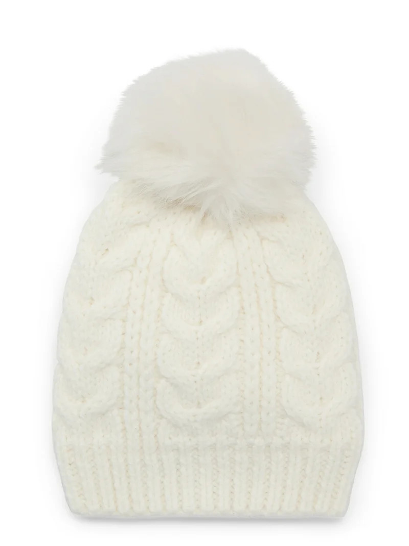 Time and Tru Women's Cable Pom Beanie, One Size Fits Most, Winter White | Walmart (US)
