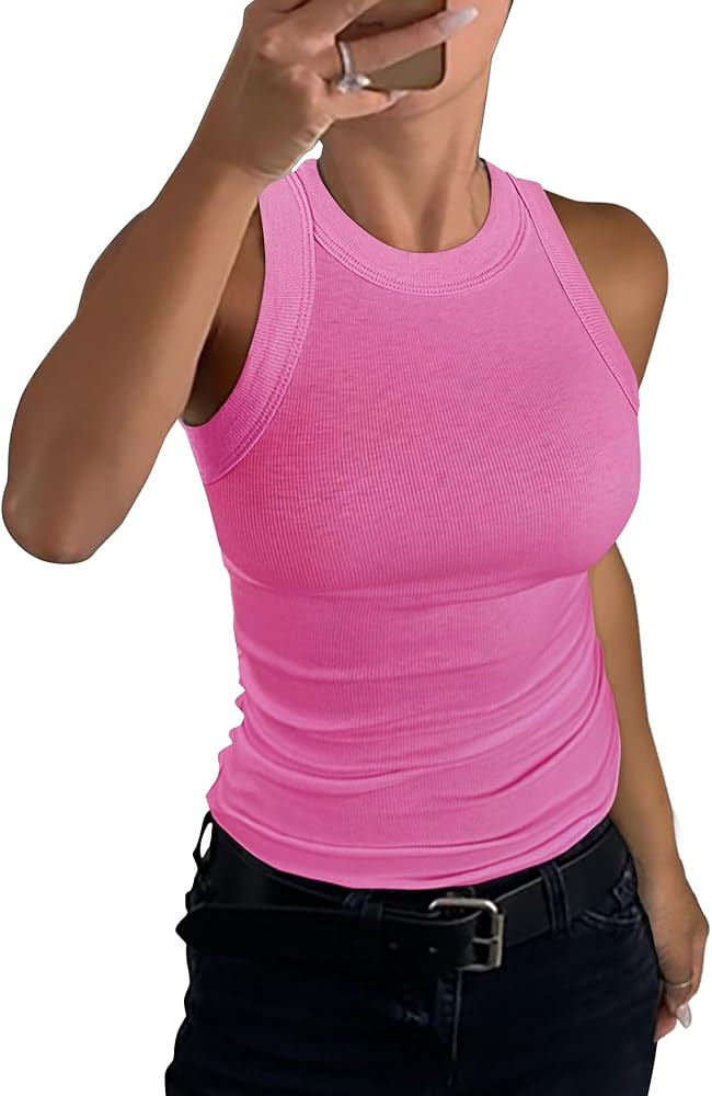GEMBERA Womens Sleeveless Racerback High Neck Casual Basic Cotton Ribbed Fitted Tank Top | Amazon (US)