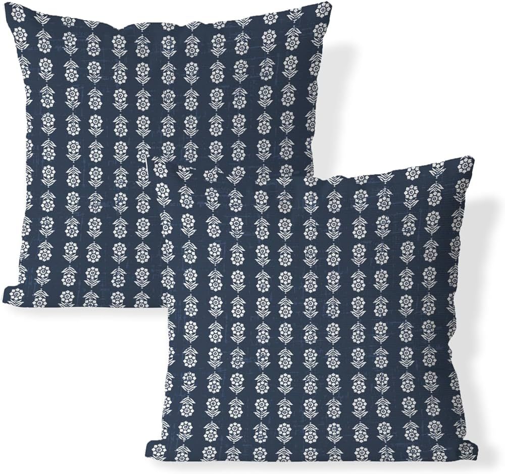 GTEXT Navy Blue Floral Pillow Covers 18x18 Set of 2 Spring Flowers Block Print Decorative Throw P... | Amazon (US)