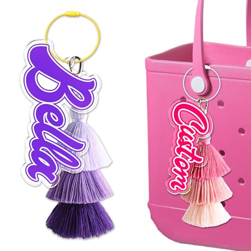LiG oood Custom Bag Name Keychain, Personalized Custom Beach Tote Bag Name Tags, Custom Rubber Beach Bogg Bag Accessories Tassel Charms Backpack Name Tags Bag Decorations | Amazon (US)