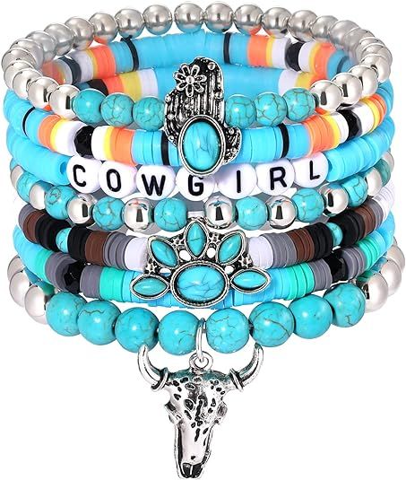 BVGA Western Cowgirl Turquoise Beaded Stretch Bracelets Preppy Heishi Bracelets Set  Aztec Tur... | Amazon (US)