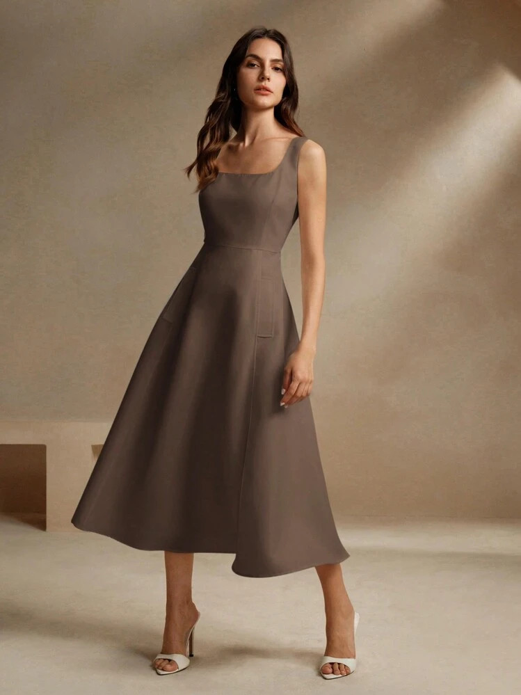 Anewsta French Style Sweetheart Brown Square Neck Camisole A-Line Waist Slimming Dress Maxi Women Outfit | SHEIN