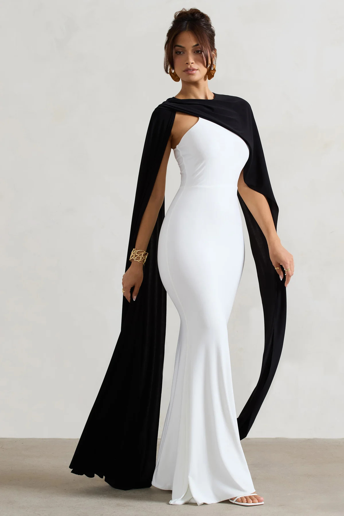 Vianna | White Strapless Maxi Dress With Black Cape | Club L London