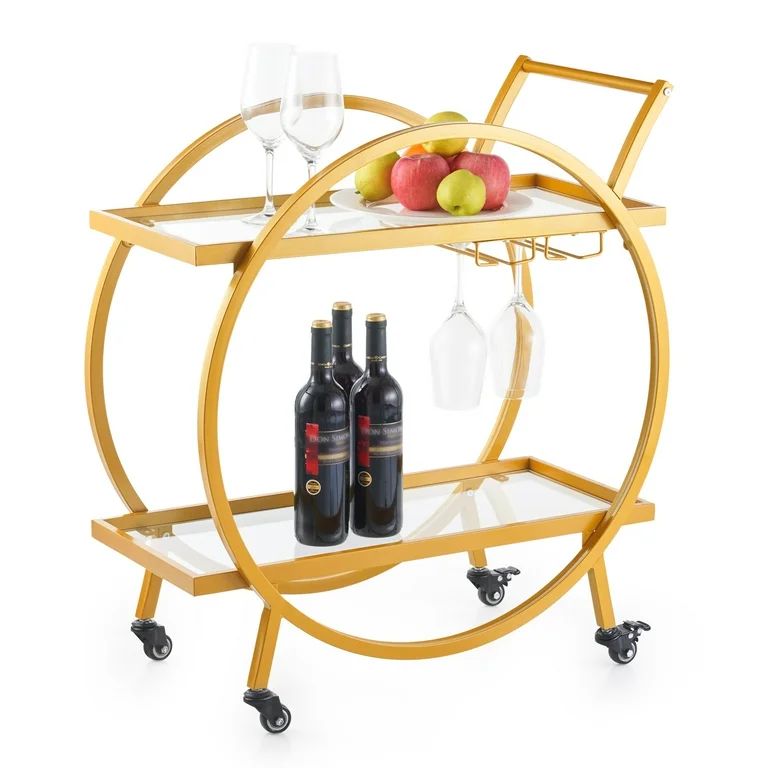 Bestco Rolling Bar Cart w Glass Rack and Storage Shelves Coffee Bar Drinks Trolley Gold | Walmart (US)