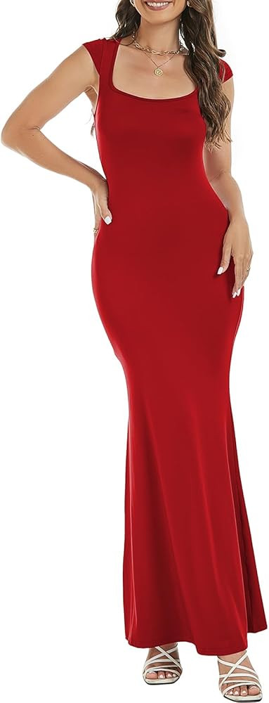 Womens Summer Cap Sleeve Square Neck Elegant Casual Lounge Bodycon Slim Maxi Evening Party Long D... | Amazon (US)