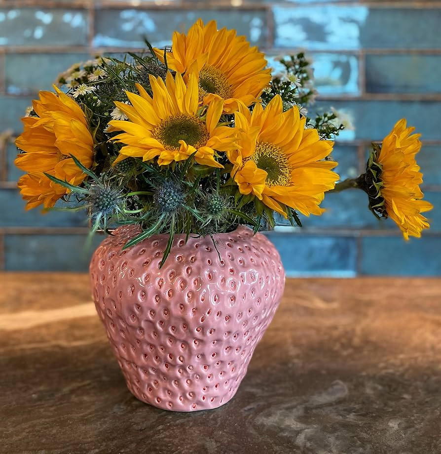 Pink Strawberry Vase Aesthetic Decor-Vintage Ceramic Flower Vase, Strawberry Decorations for Kitc... | Amazon (US)