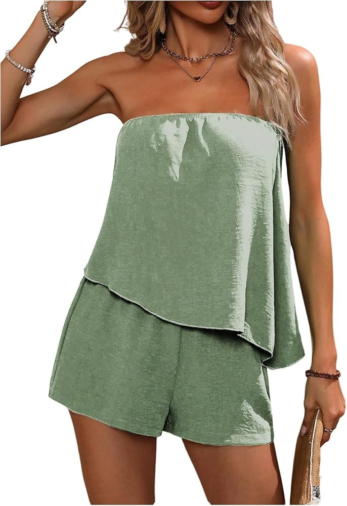 SOLY HUX Women's Summer 2 Piece Outfits Sleeveless Asymmetrical Tube Top and Shorts Set | Amazon (US)