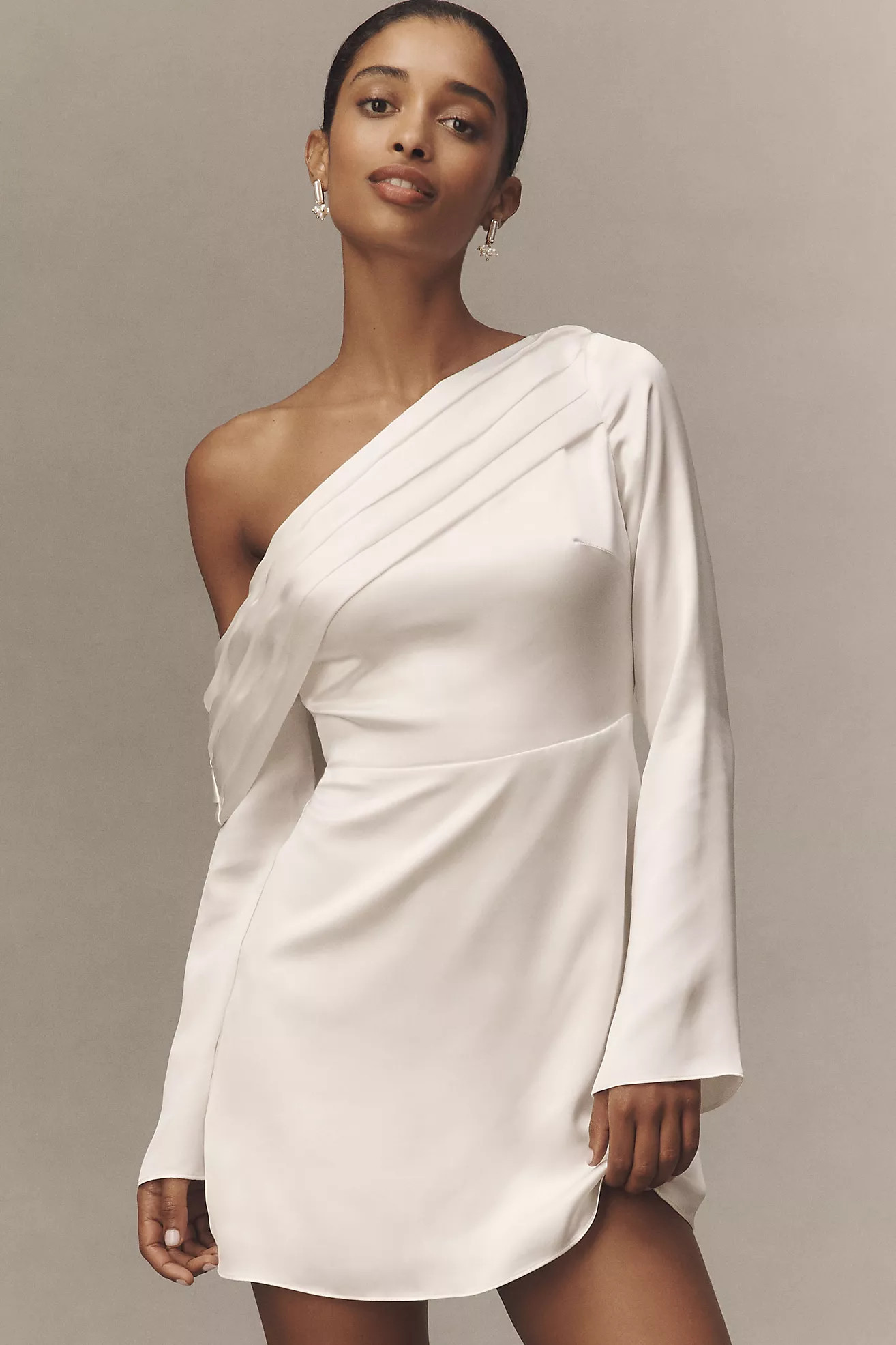 BHLDN Long-Sleeve Asymmetric Off-Shoulder Mini Dress | Anthropologie (US)