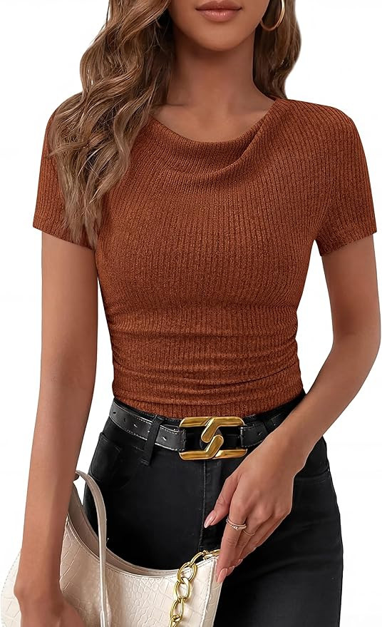 PRETTYGARDEN Womens Summer Tops 2026 Cute Cowl Neck Short Sleeve T-Shirts Ribbed Knit Fitted Spri... | Amazon (US)