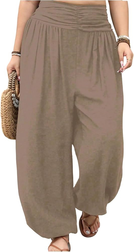 OYOANGLE Women's Plus Size Harem Pants Boho Lounge Pants Loose Fit Barrel Leg Palazzo Trousers | Amazon (US)