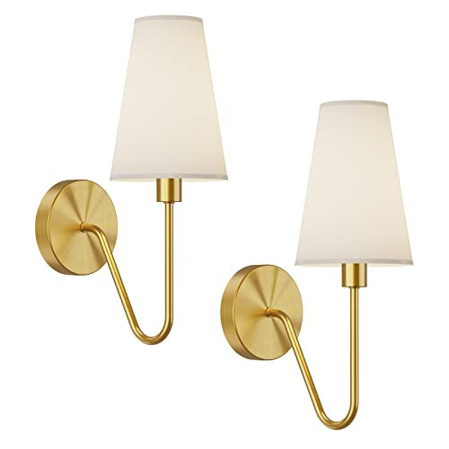 Electro bp;Single Head Classic 1 Light Wall Sconce Lighting Fixture Gold with Cream White Linen Fabric Lamp Shades E12 40W Hardwired (Set of 2); | Amazon (US)
