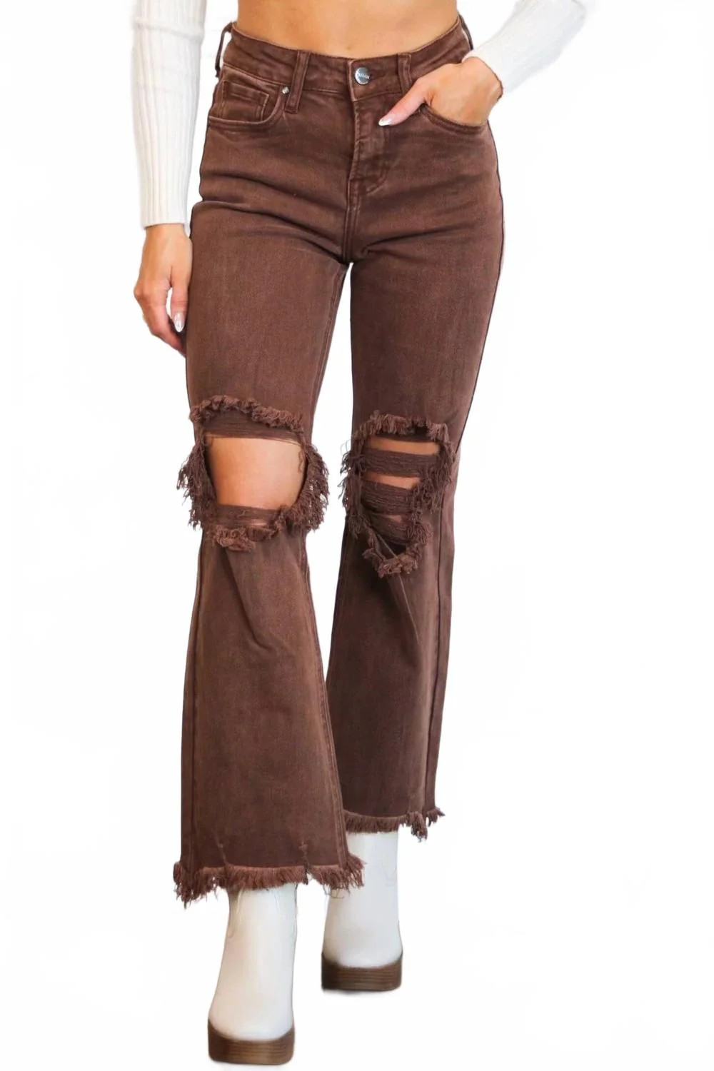 Riva Distressed High Rise Jeans In Brown Espresso | Shop Simon