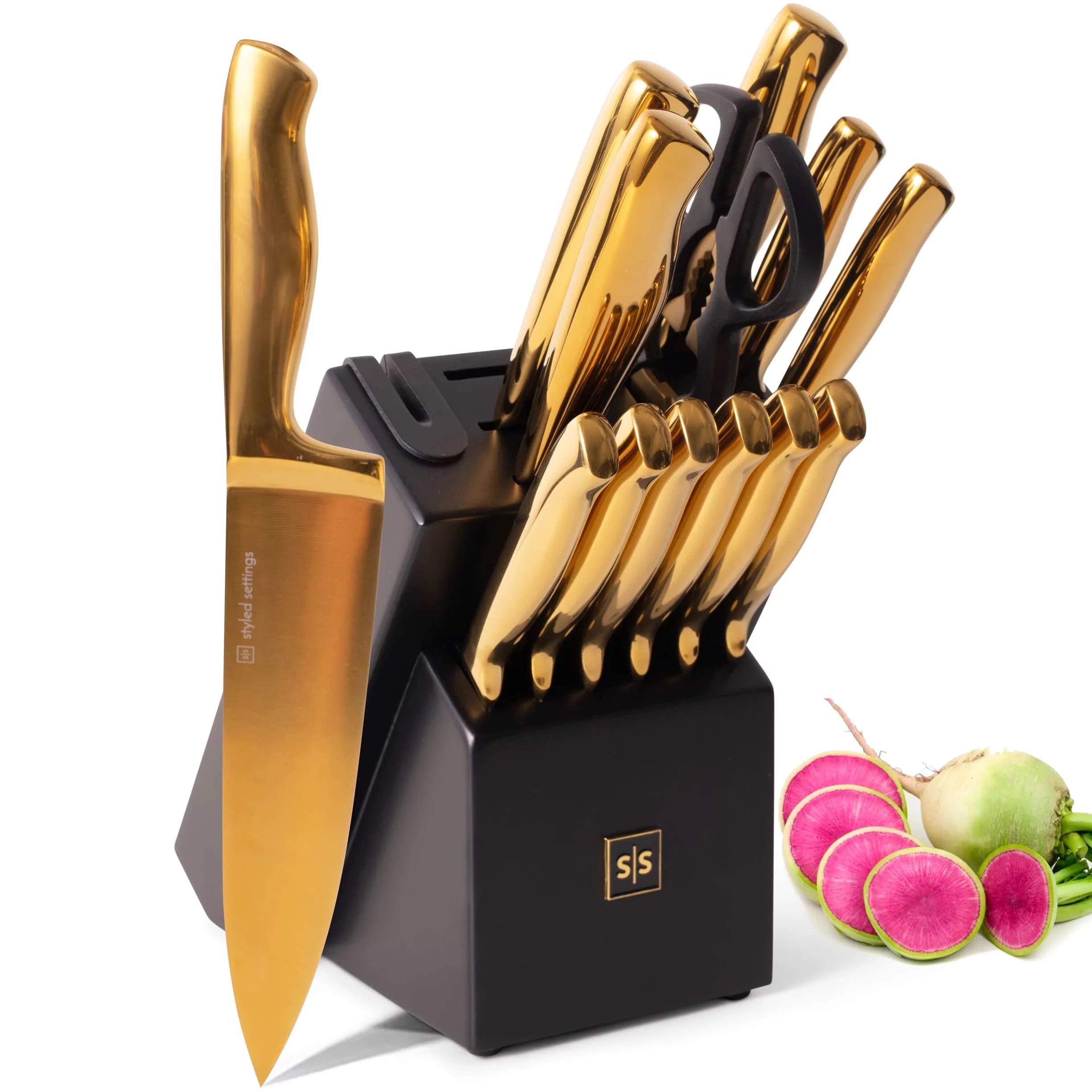 Black and Gold Knife Set with Block - 14 Piece Gold Knife Set with Sharpener Includes Full Tang G... | Walmart (US)