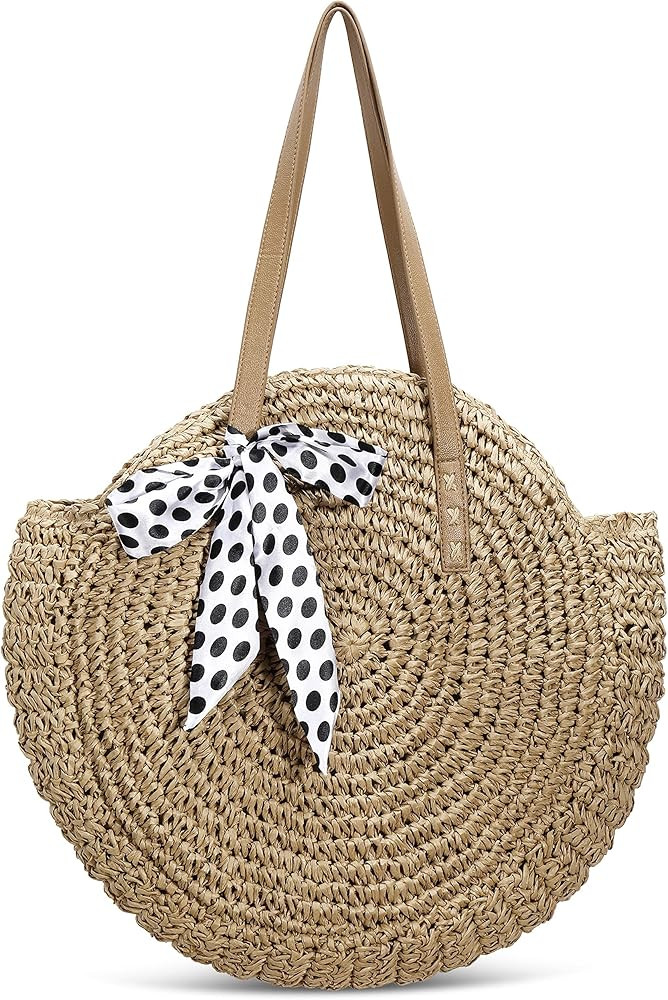 Beach Straw Bag Round Woven Zippered Shoulder Bag Large Circle Tote Crossbody Bags for Women Vaca... | Amazon (US)