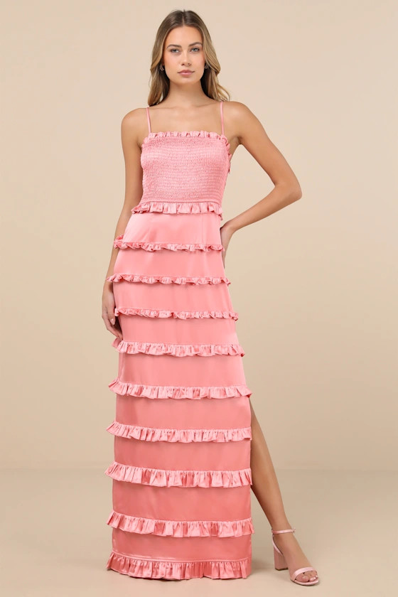 Sincerely Fabulous Peach Pink Satin Smocked Ruffled Maxi Dress | Lulus