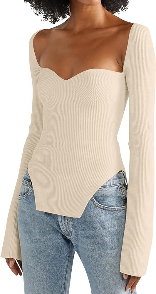MISSACTIVER Women Square Sweetheart Neck Asymmetrical Hem Knit Sweater Solid Long Sleeve Slim Fit Kn | Amazon (US)