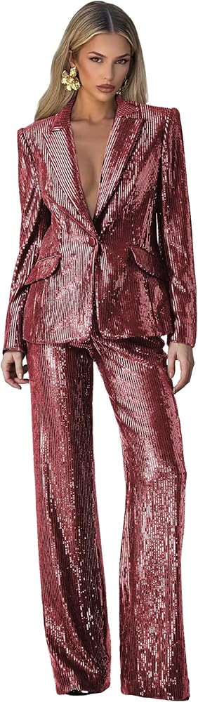 Sequin Suits for Women 2 Piece V Neck Womens Suit Glitter Sparkly 1 Button Womens Tuxedo Suit Set... | Amazon (US)