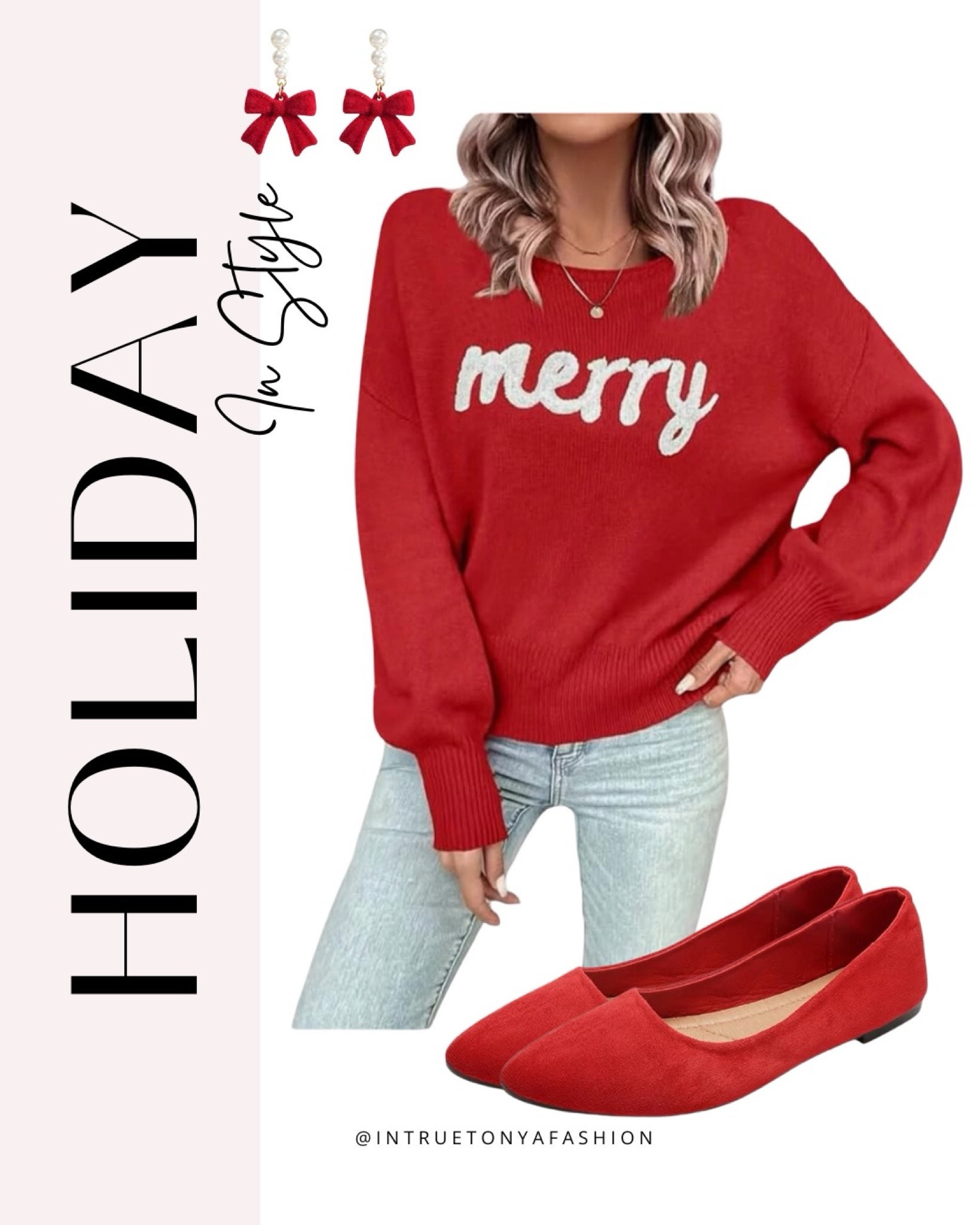 Holiday outfit idea for women — red merry Christmas sweater with red ballet flats and red holiday bow earrings 







Winter outfit
Winter fashion
Amazon winter outfits
Trending winter fashion 
 casual winter outfits | winter fashion | size 4-6 | cold weather outfits | winter outfit ideas | layering outfit for the cold| winter fashion 2025 | outfit inspo | outfit ideas | winter outfits amazon  | casual outfit Ideas  | Outfits | Amazon Casual Outfit | Cute casual outfits | Preppy Outfit 

#LTKHoliday #LTKSeasonal #LTKFindsUnder50