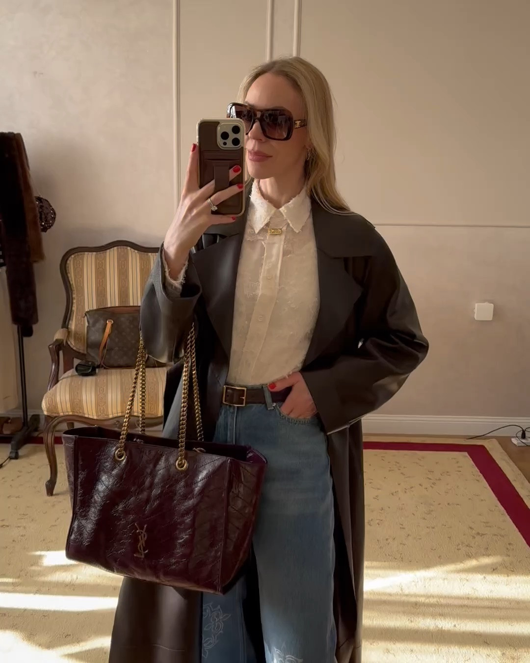Work outfit, lace top, spring workwear, leather trench coat, embroidered denim, YSL tote bag

#LTKWorkwear #LTKOver40 #LTKSeasonal