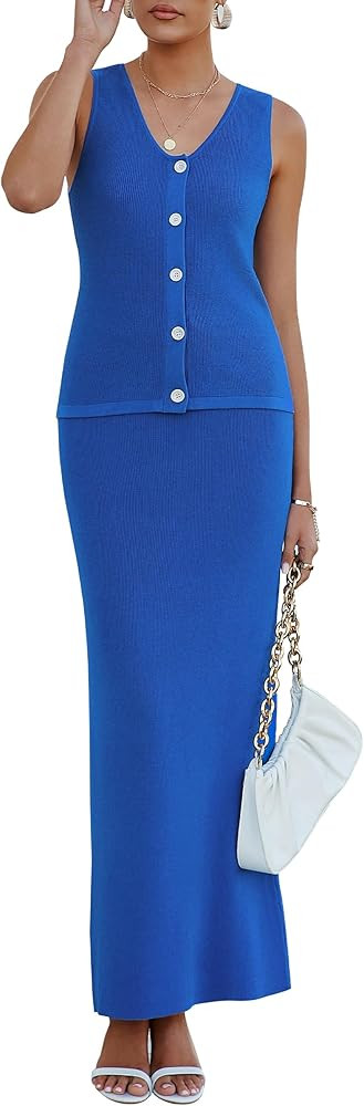 Arach&Cloz Women's Lightweight 2 Piece Sets Summer Vacation Button Top and Maxi Skirt Outfits 202... | Amazon (US)