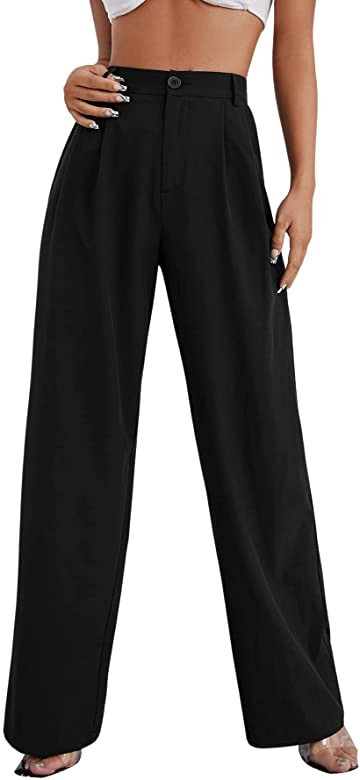 SweatyRocks Women's Casual Wide Leg High Waisted Button Down Straight Long Trousers Pants | Amazon (US)
