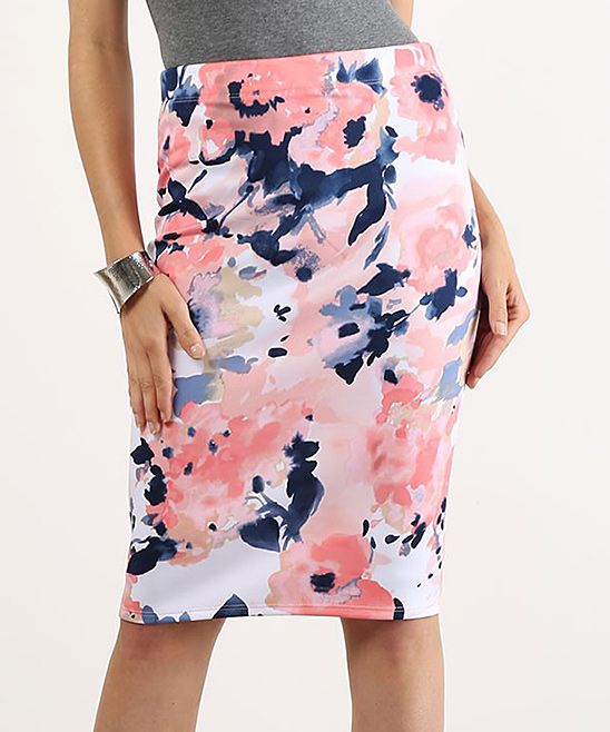 Blush Floral Watercolor Pencil Skirt - Women | zulily