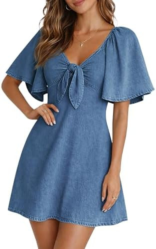 BISUAL Womens Denim Dress Bow Tie V Neck Flutter Sleeve Summer Casual Jean Dresses 2026 Western O... | Amazon (US)
