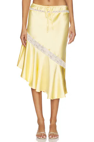 Delphia Satin Midi Skirt in Yellow | Revolve Clothing (Global)