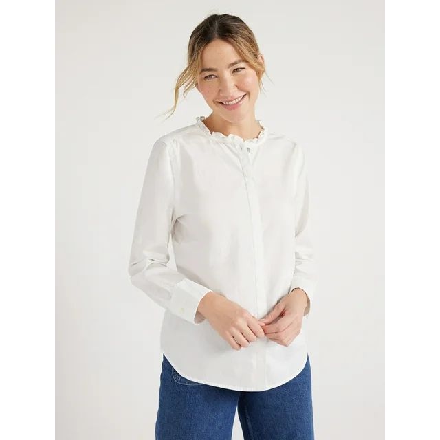 Free Assembly Women’s Ruffle Neck Shirt with Long Sleeves, Sizes XS-XXL | Walmart (US)