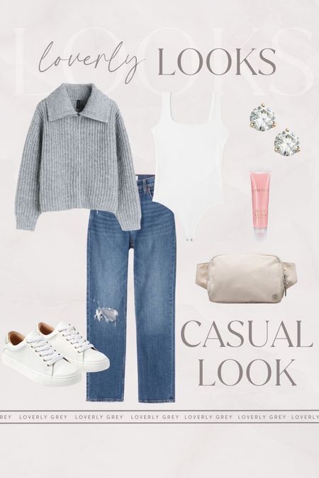 Loverly Grey fall casual outfit idea. Distressed Abercrombie denim and zip front sweater perfect for everyday wear. 

#LTKstyletip #LTKbeauty #LTKSeasonal