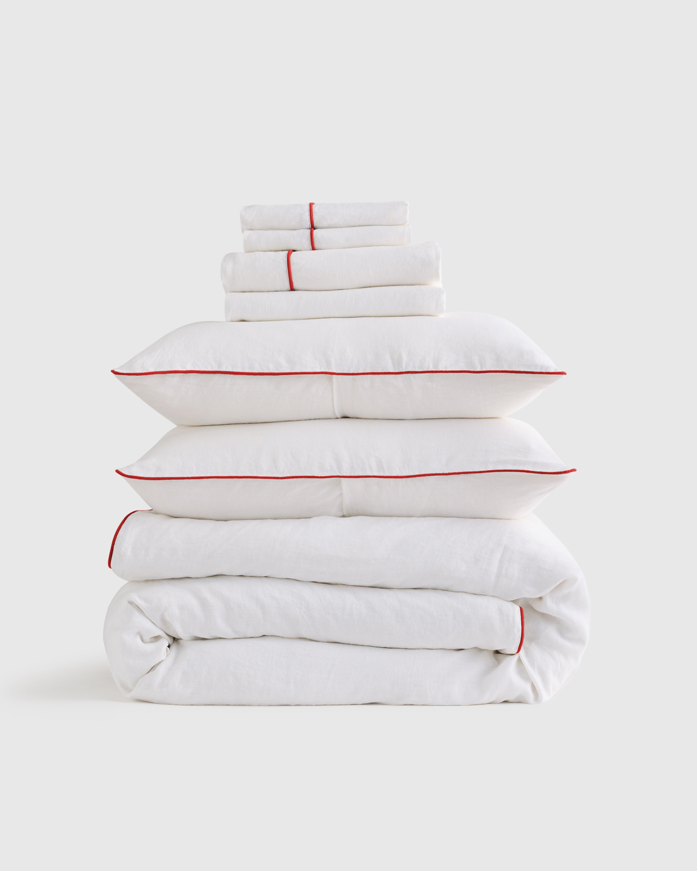 Quince | European Linen Piped Deluxe Bedding Bundle in White/Cherry, Size Queen | Quince