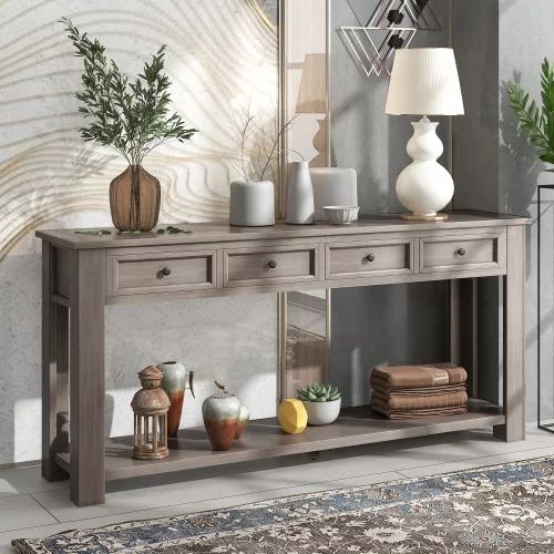 64" Modern Console Table,Long Storage Console Rustic Entryway Table with Storage Drawers and Bott... | Walmart (US)