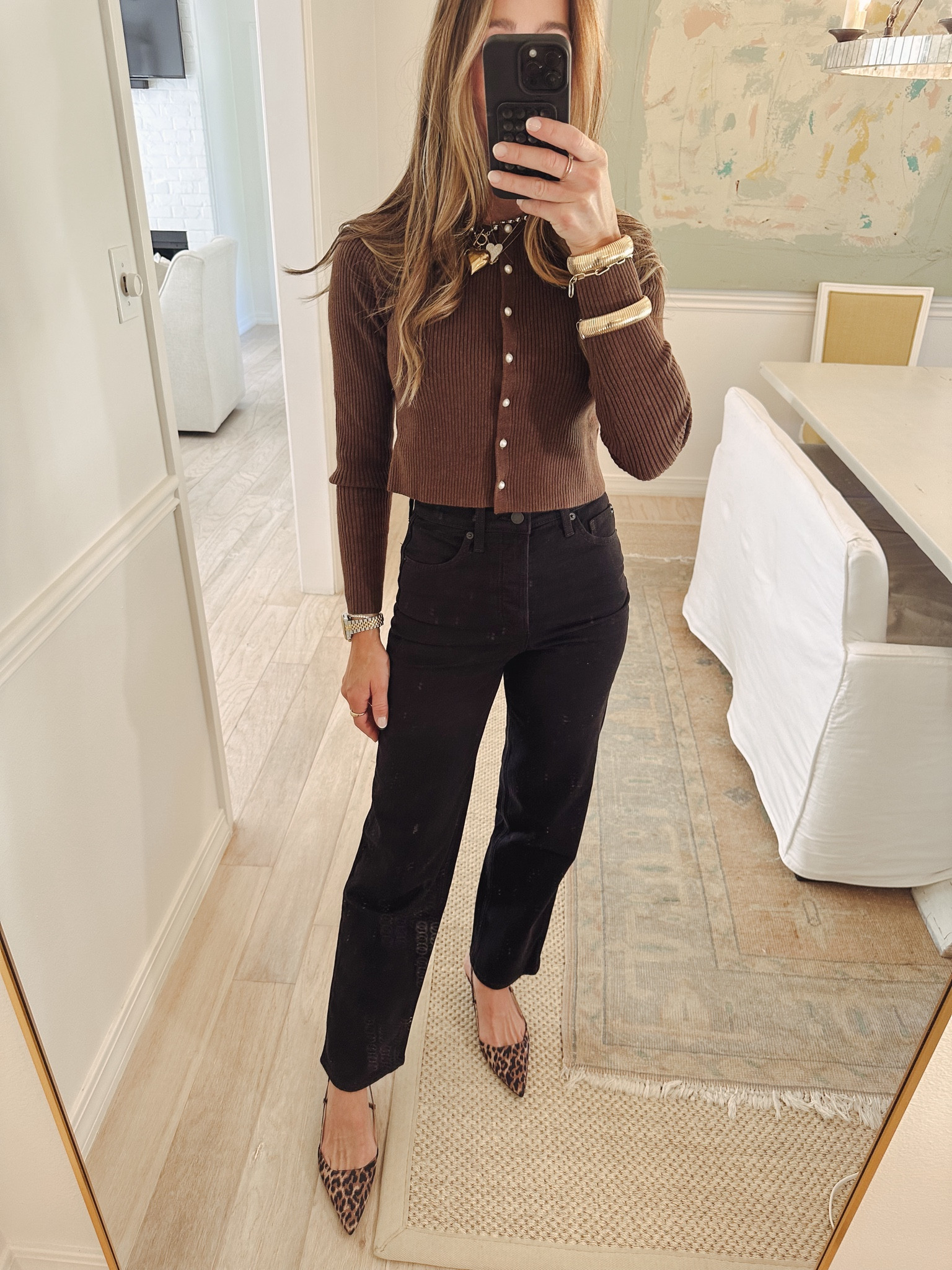 Target last day of the target circle week sale. These high rise straight leg jeans are such a good fit. Come in 3 length options and sizes 00-30 are on sale for $22 and come in 2 other denim washes. Run tts. Wearing size 0 regular length. Cardigan is on sale for $16 and comes in 5 color options. Love the pearl detail. Wearing size xs. Runs tts.  Leopard slingbacks are also target and just $30! Target fall outfit idea. Fall outfit. Fall outfit inspo. Brown and black outfit. Brown ribbed cropped cardigan 

#LTKStyleTip #LTKFindsUnder50 #LTKSaleAlert