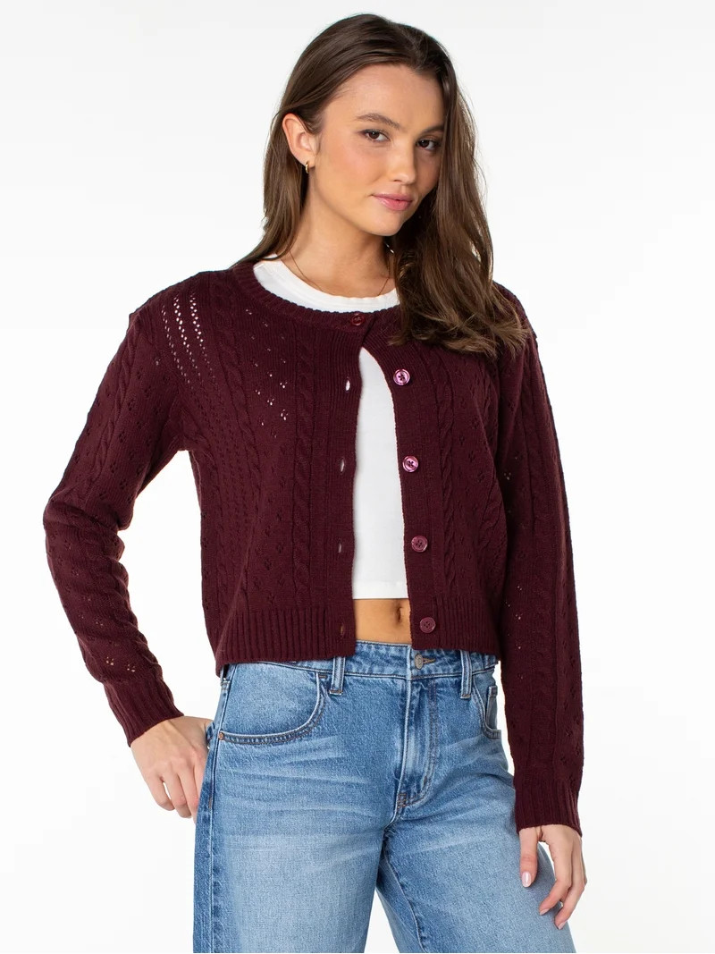 Celebrity Pink Women's Pointelle Crew Neck Cardigan Sweater, Sizes XS-XXXL | Walmart (US)