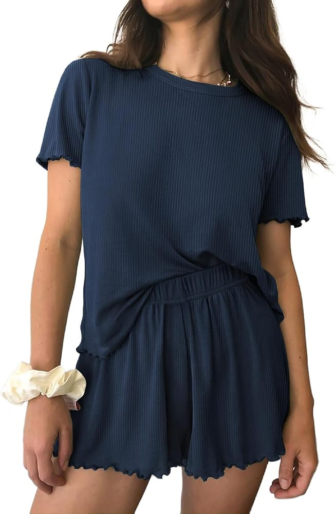 Ekouaer Womens Pajamas 2 Piece Ribbed Knit Pjs Short Sleeve Sleepwear Set Summer Soft Pajamas Set... | Amazon (US)