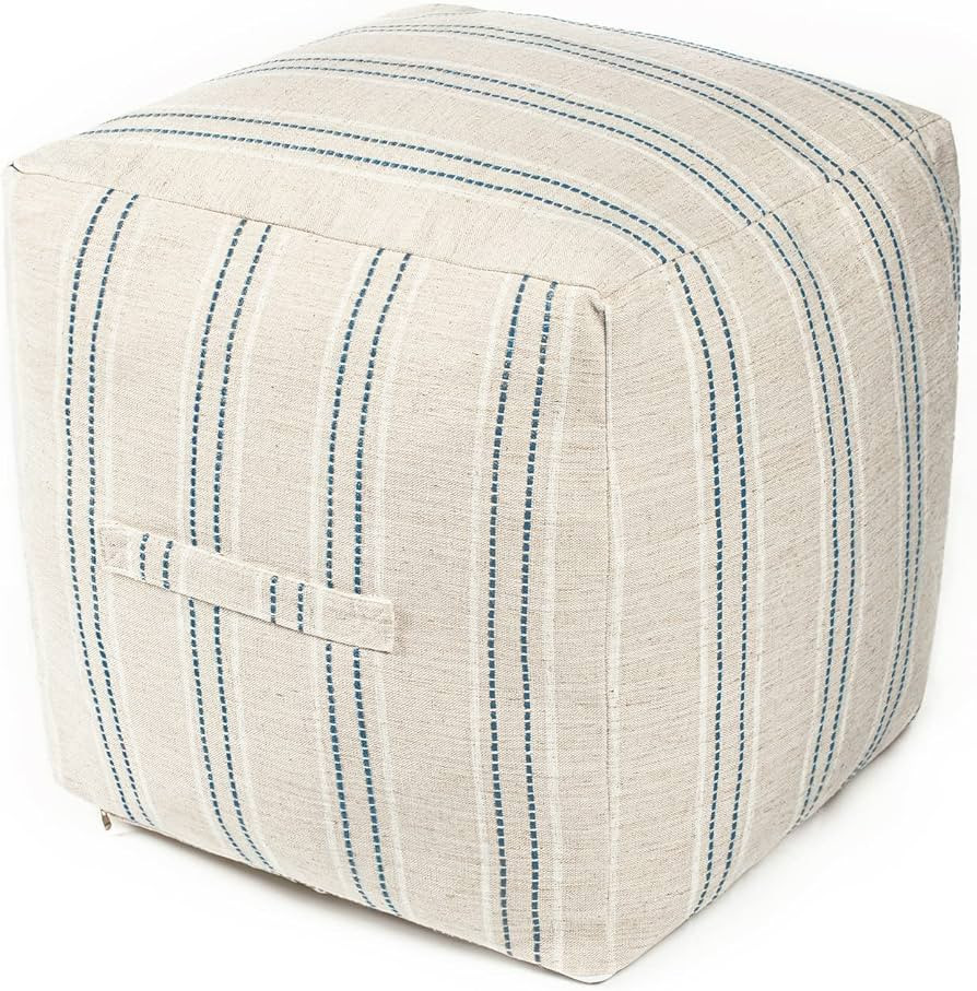 AELS Unstuffed Farmhouse Pouf Cover for Living Room, Boho Storage Bean Bag Cubes, Beige with Navy... | Amazon (US)