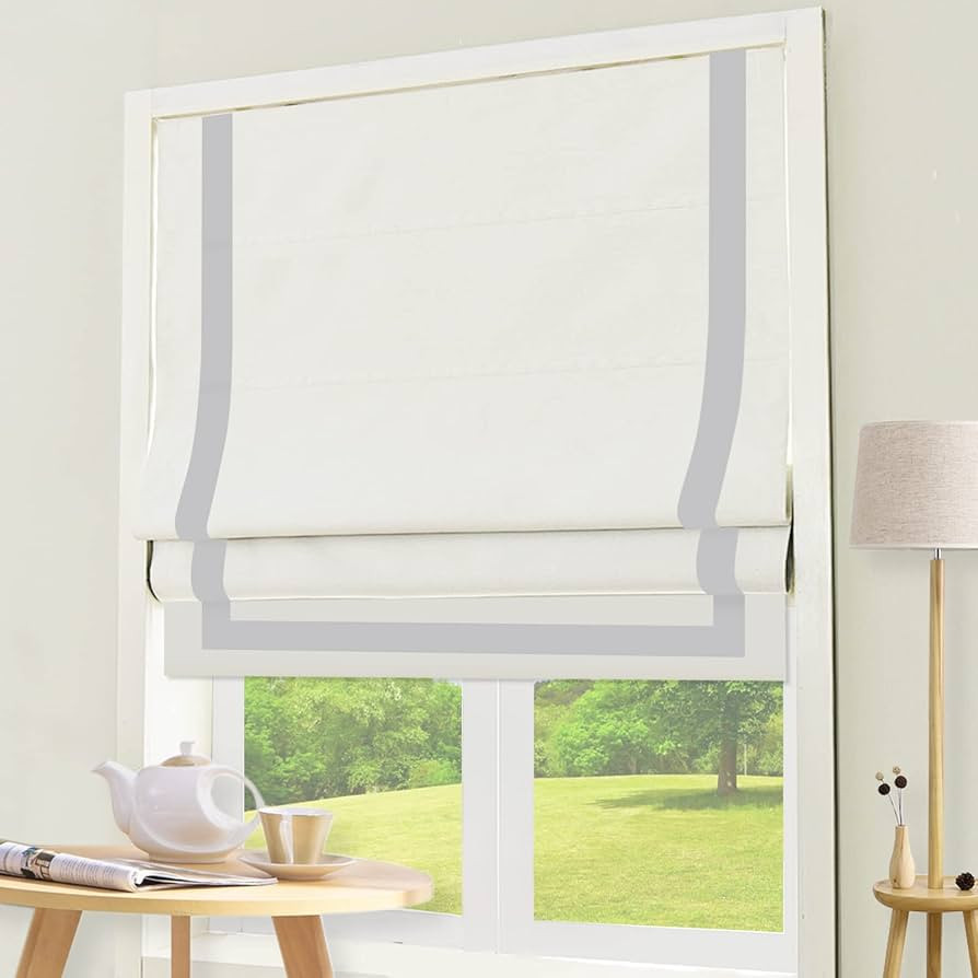 DEJAVU Roman Shades with Ribbon Border for Windows, White Light Grey Custom Blackout Light Filter... | Amazon (US)