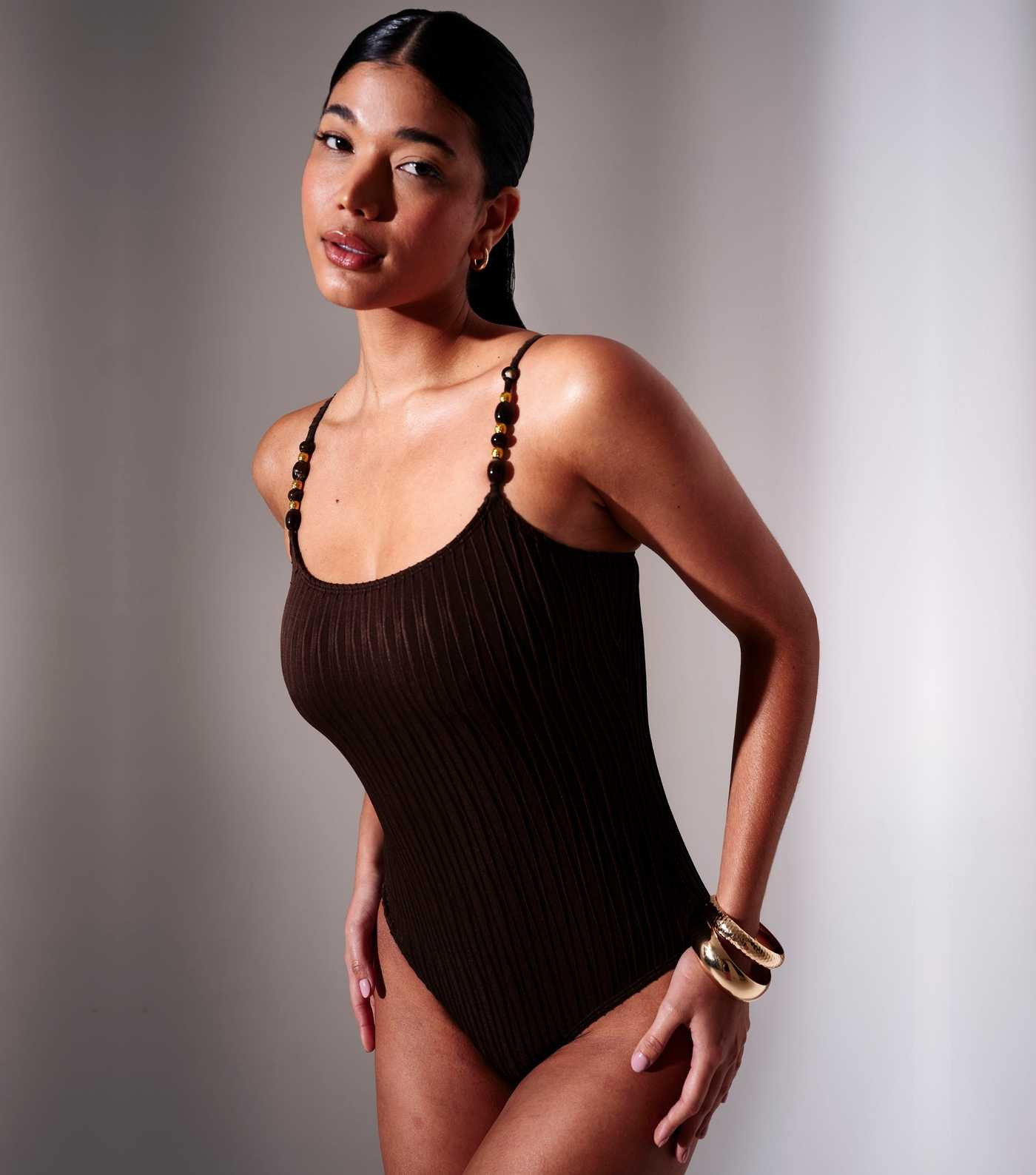 South Beach Brown Crinkled Beaded Strap Swimsuit | New Look | New Look (UK)