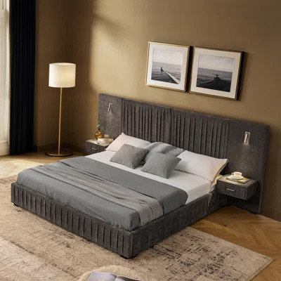 Queen Chenille Platform Bed Solid Frame With Nightstand Beige By RIDGEPOLE | Wayfair North America