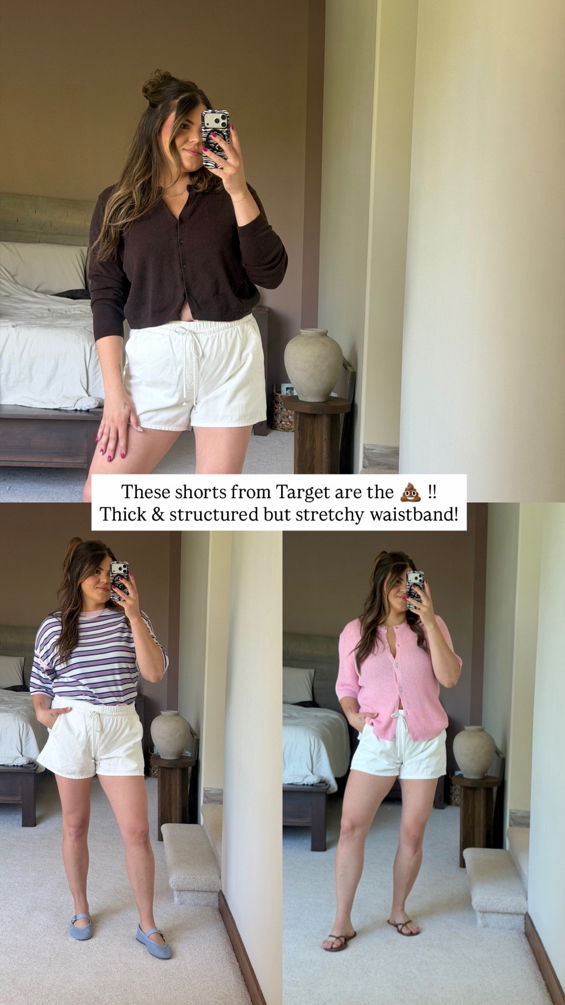 White denim shorts with elastic waistband from target. I’m wearing size large! These are so versatile and comfortable

Size 12, size 14, midsize, spring 2026 shorts outfit, Mom style ￼