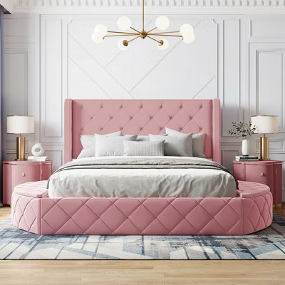 Polibi Queen Size Upholstered Velvet Platform Bed with Wingback Headboard, Tufted Design & Multi-Storage, Pink | Target