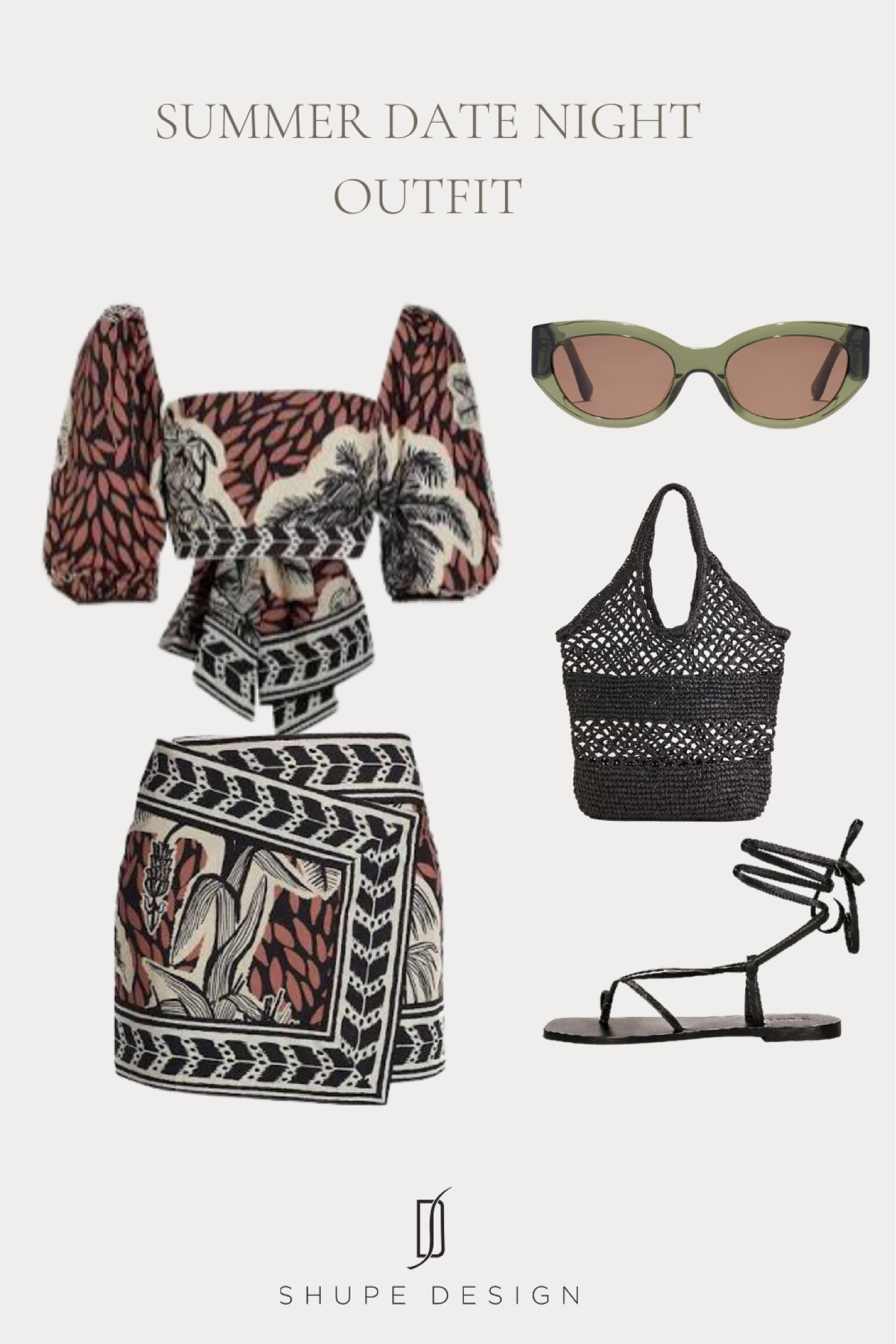 Chic and easy summer date night or vacation outfit inspoz | matching set | bold print | raffia tote | summer bag | Johanna Ortiz | Madewell | olive green sunglasses | black sandals | black gladiator sandals | resort wear

#LTKstyletip #LTKSeasonal #LTKFind