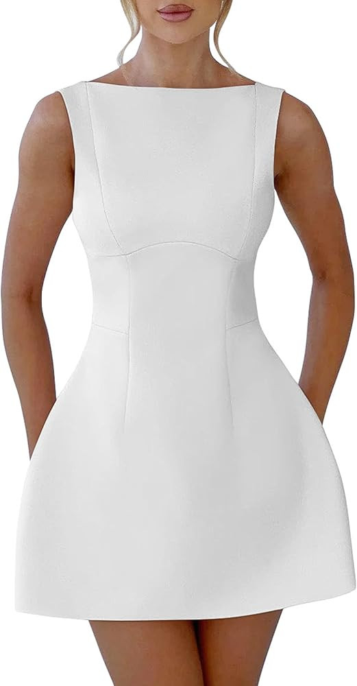 YMDUCH Women's Sexy Sleeveless Crew Neck Backless A-line Party Short Mini Dress | Amazon (US)