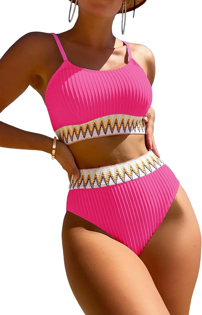 Cozyease Bikini Sets for Women Chevron Tape High Waisted Bikini Bathing Suits 2 Piece Swimsuit | Amazon (US)