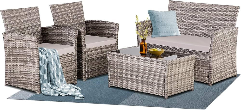 4 Piece Patio Furniture Set,Outdoor Wicker Conversation Sets,Rattan Sectional Sofa w/Coffee Table... | Amazon (US)