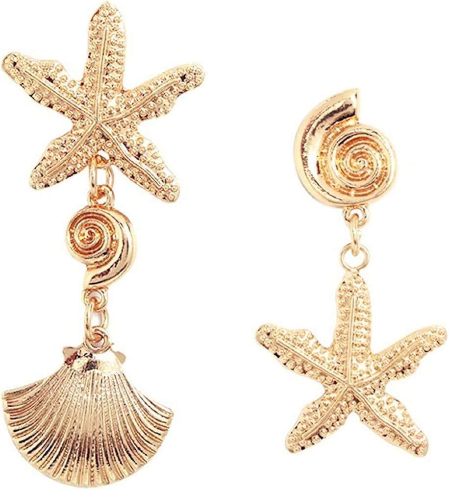 Asymmetric Starfish Seashell Earrings Gold Plated Boho Handmade Charm Cowrie Sea Shell Conch Star... | Amazon (US)