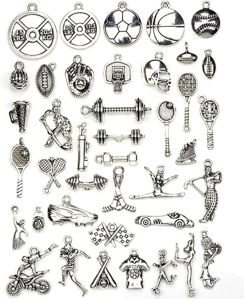 Assorted Sports Games Charm Pendant for DIY Jewelry Making Accessaries(40pcs,Antique Silver Tone) | Amazon (US)