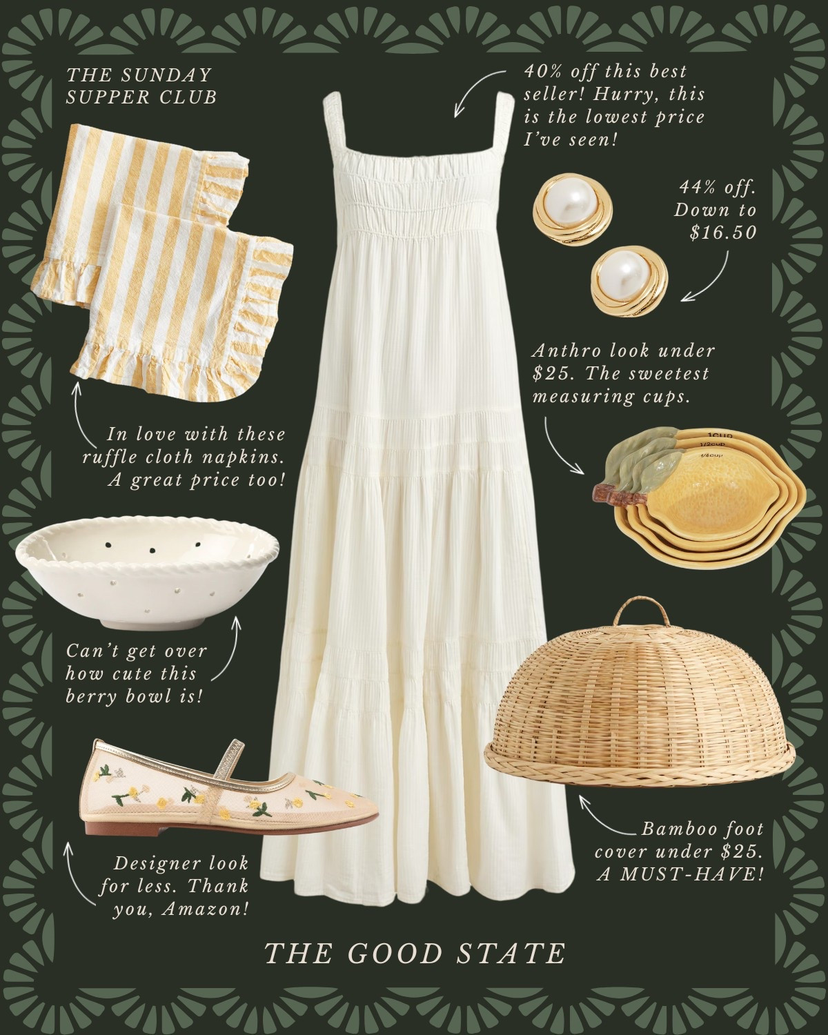 The Sunday Supper Club👒 To the ladies who find beauty in the fragrance of fresh basil, the crunch of homemade bread and the vibrant colors of ingredients spread across the counter. To the ones who romanticize every chop on the cutting board and every dance of the sunlight through their kitchen window. For those who come alive the longer they linger around a candle-lit table with loved ones. For the ladies who are looking for a reason to set a pretty table filled with flowers and for those who are looking forward to *finallllly* wear their new Spring dress. This collection is for you🤍

The good state, Lauren England, dinner party, hosting, under $50, Anthro, Anthropologie, dolce vita, spring fashion, spring ootd, maxi dress, Abercrombie and Fitch, wedding guest dress, empire waist dress, white dress. J crew, j crew factory, pretty, spring fashion, vacation outfit, ootd, sandals, tuckernuck, Easter outfit, kitchen, entertaining, home decor, Amazon home, Amazon finds, stripe dress, masters outfit, green dress, blue dress, McGee and co, shea McGee, quince, Martha Stewart, 

#LTKHome #LTKStyleTip #LTKSaleAlert