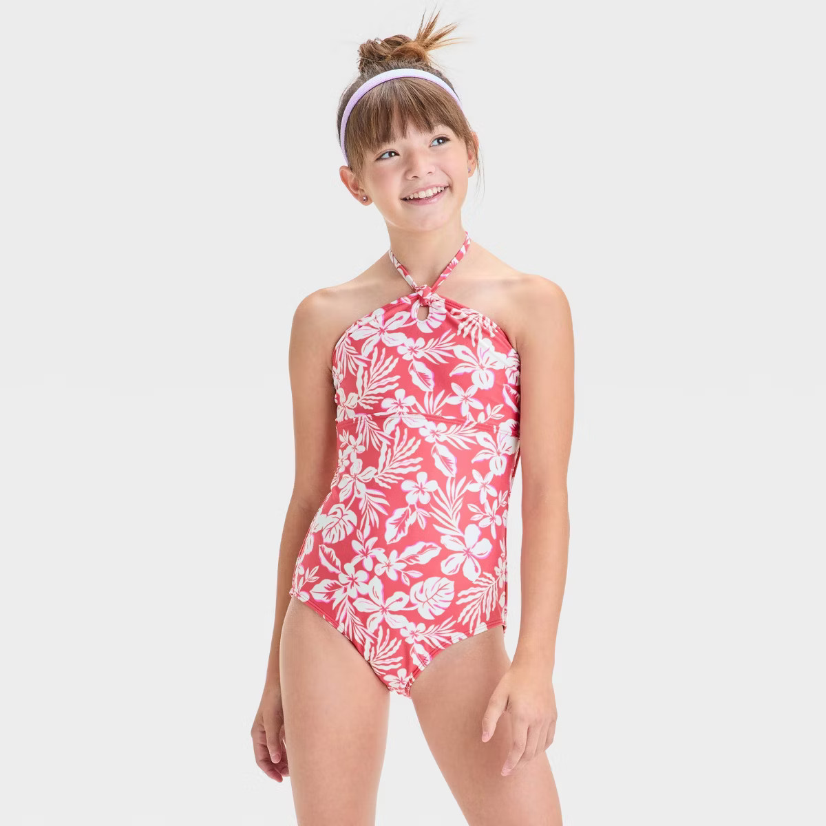 Girls' Abstract Tropical Garden Printed One Piece Swimsuit - art class™ Red | Target