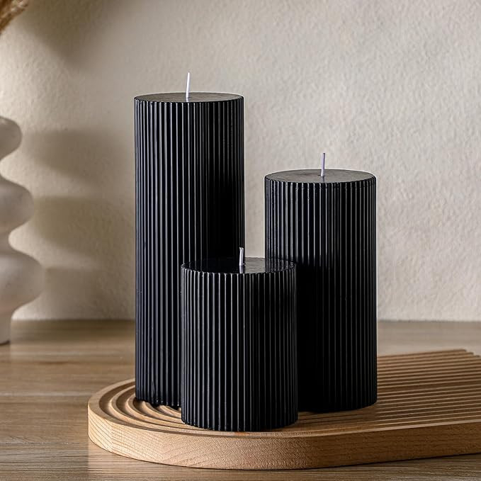 Ribbed Pillar Candles Set of 3, Width 3" High 4" 6" 8" Large Soy Wax Scented Pillar Candles Aesth... | Amazon (US)